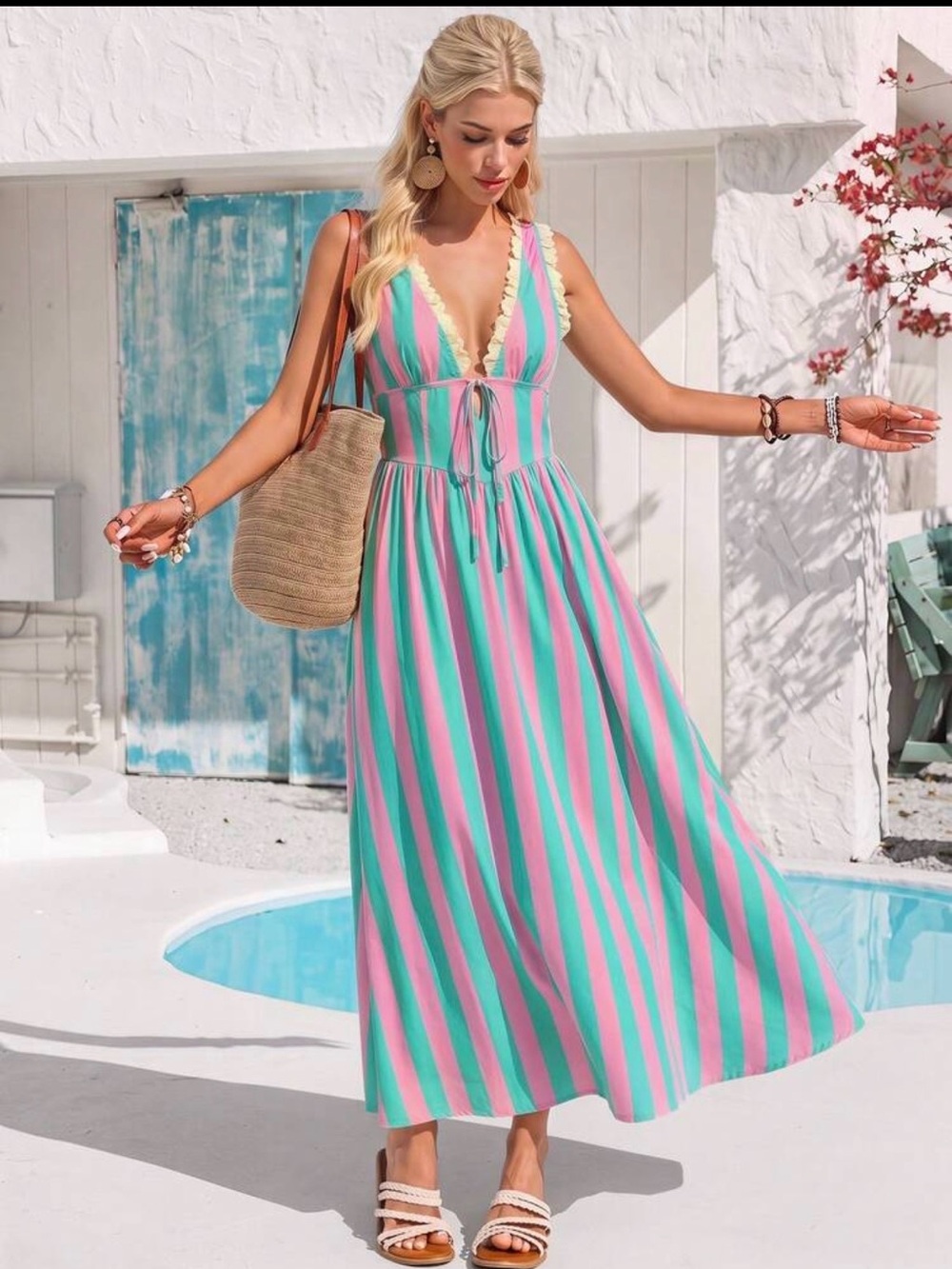 Selfie Leslie Pink & Teal Striped Maxi Dress